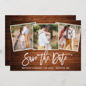 Moderne Pinselschrift Rustikales Holz 3 Foto Colla Save The Date (Vorne/Hinten)