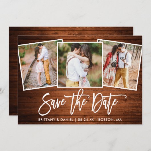 Moderne Pinselschrift Rustikales Holz 3 Foto Colla Save The Date (Vorne/Hinten)