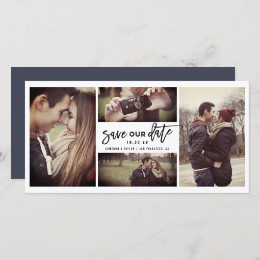 Moderne Pinselskriptkalligraphie 4 Multi-Foto Save The Date (Vorne/Hinten)