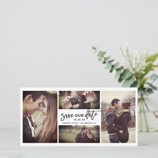 Moderne Pinselskriptkalligraphie 4 Multi-Foto Save The Date (Stehend Vorderseite)