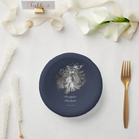 Moderne Pinselstrich-Foto-Hochzeit | Marineblau Pappteller (Hochzeit)