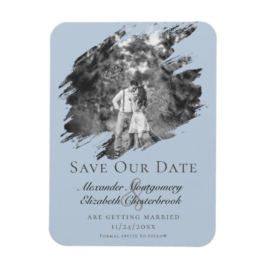 Moderne Pinselstrich-Foto-Save-the-Date-Blau Magnet (Vertikal)