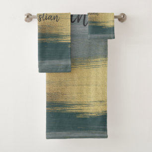 Moderne Pinselstriche in Grün, Grau und Gold Badhandtuch Set