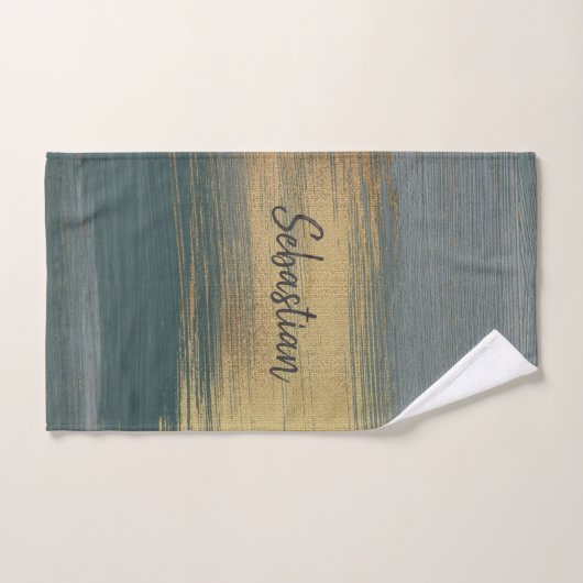 Moderne Pinselstriche in Grün, Grau und Gold Badhandtuch Set (Handtuch)