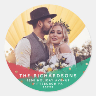 Moderne Pinselstriche Weihnachtsadresse und Foto Runder Aufkleber