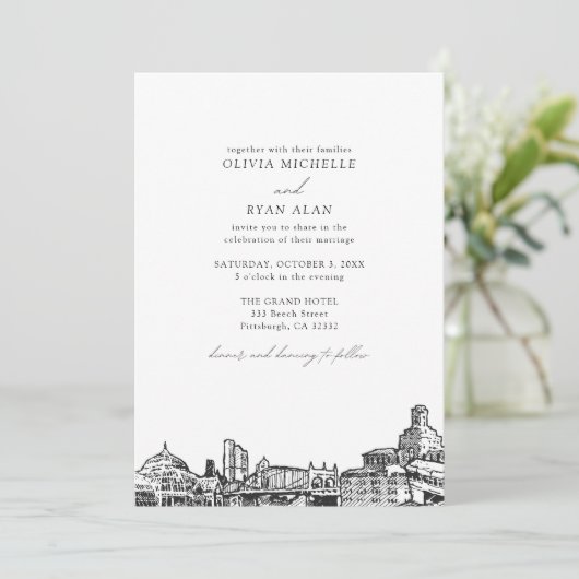 Moderne Pittsburgh Skyline Black & White Wedding Einladung (Stehend Vorderseite)
