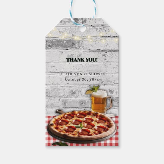 Moderne Pizza + Beer Bricks Baby Dusche Geschenkanhänger (Vorderseite)