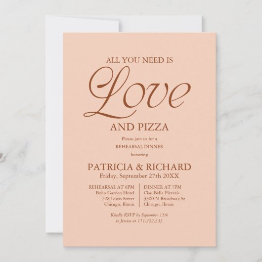 Moderne Pizza-Hochzeitsprobe Soft Peach Einladung (Vorderseite)