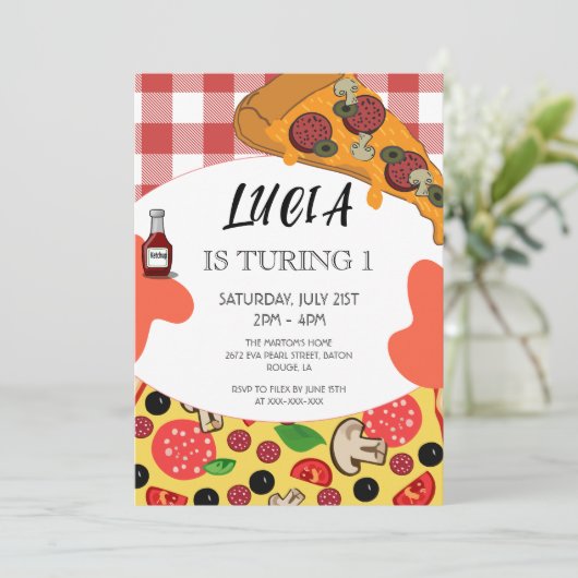 Moderne Pizza Slice 1. Geburtstag Einladung (Stehend Vorderseite)