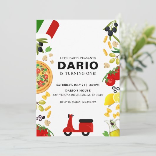 Moderne Pizza & Vespa Italienische Einladung zum G (Stehend Vorderseite)