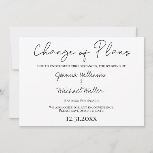 Moderne Planänderung Neue Save the Date Hochzeit Einladung (Vorderseite)