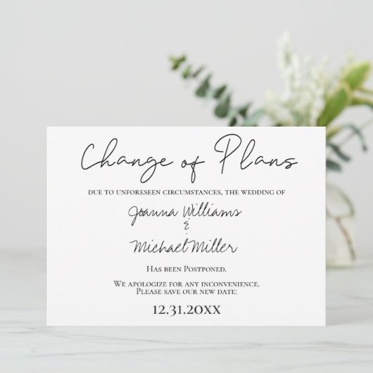 Moderne Planänderung Neue Save the Date Hochzeit Einladung (Stehend Vorderseite)