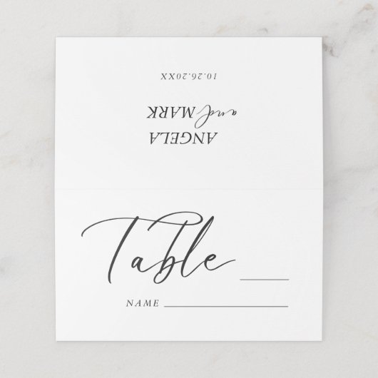 Moderne Platzkarte für Hochzeiten und Tischnummer (Außenseite Aufgefaltet)