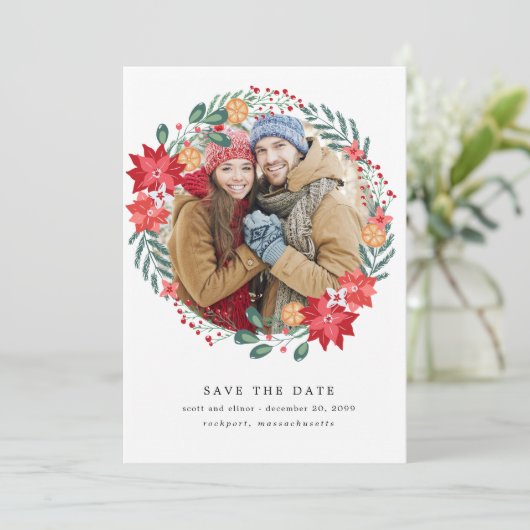 Moderne Poinsettia-Trauung rettet das Datum Save The Date (Stehend Vorderseite)