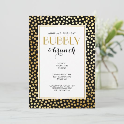 Moderne Polka Dot Pattern Schwarz und Gold Einladung (Stehend Vorderseite)