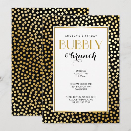 Moderne Polka Dot Pattern Schwarz und Gold Einladung (Vorne/Hinten)