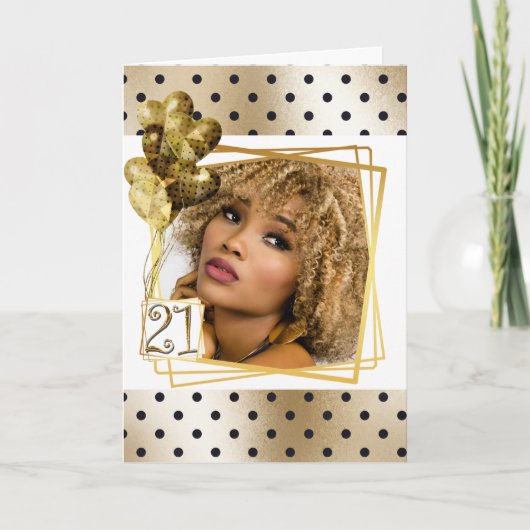 Moderne Polka Dot schwarzes Gold 21. Ballons Karte (Vorderseite)