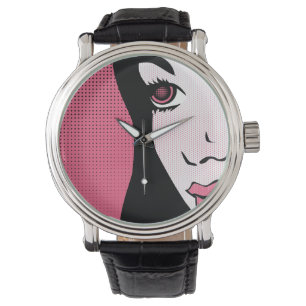 Moderne Pop-Art-Comicdarstellung des Gesichts eine Armbanduhr