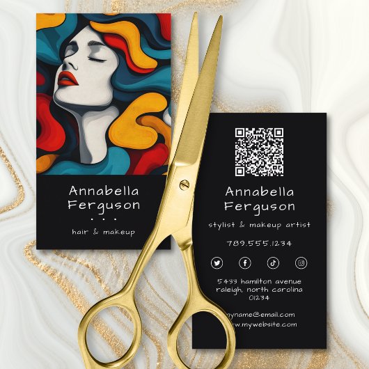 Moderne Pop-Art Retro Farbige Haare Makeup QR-Code Visitenkarte