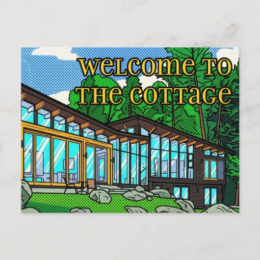 Moderne Pop-Art-Waldhütte Mid-Century Comic Postkarte (Vorderseite)