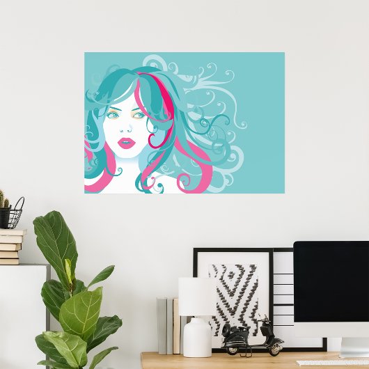 Moderne Pop Kunst Frau Aquamarin und rosa Swirt Ha Poster
