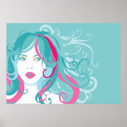Moderne Pop Kunst Frau Aquamarin und rosa Swirt Ha Poster (Vorne)