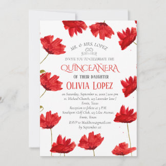 Moderne Poppies Quinceañera Rote Flora Geburtstag Einladung