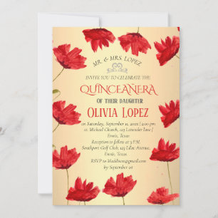 Moderne Poppies Quinceañera Rote Flora Geburtstag Einladung