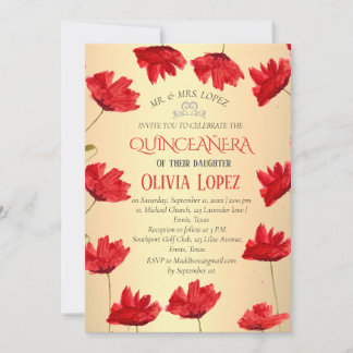 Moderne Poppies Quinceañera Rote Flora Geburtstag Einladung