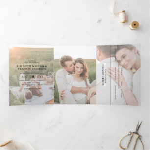 Moderne Portrait Foto Collage Overlay Hochzeit Dreifach Gefaltete Einladung