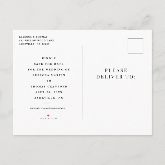 Moderne Portrait Foto Hochzeit speichern das Datum Ankündigungspostkarte (Rückseite)