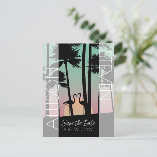 Moderne Postkarte mit Save the Date flaminginische (Stehend Vorderseite)