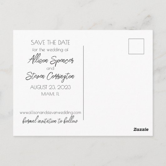 Moderne Postkarte mit Save the Date flaminginische (Rückseite)