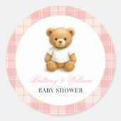 Moderne Preppy Bear Pink Kariert Baby Dusche Runder Aufkleber (Vorderseite)