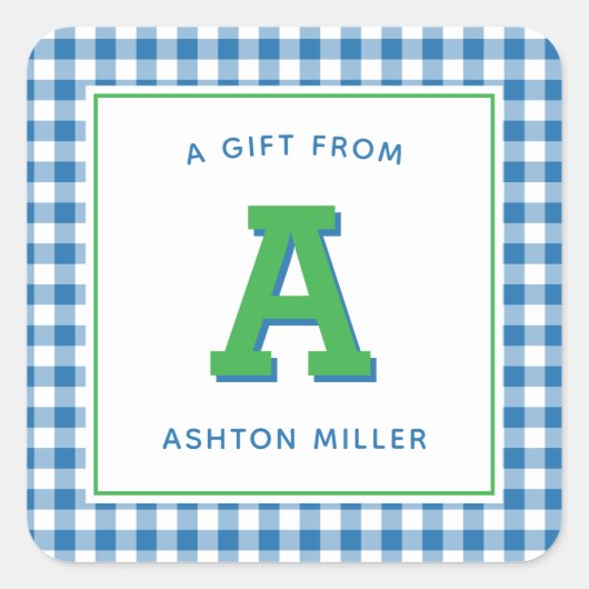 Moderne Preppy Monogram und Gingham Quadratischer Aufkleber (Vorderseite)