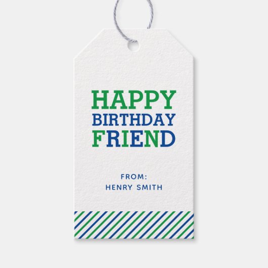 Moderne Preppy Monogram und Stripe Happy Birthday Geschenkanhänger (Vorderseite)