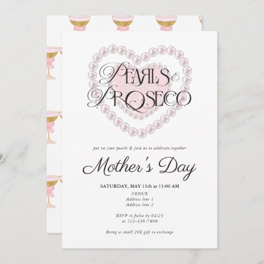 Moderne Preppy Pearls & Prosecco Mutter Day Party Einladung (Vorne/Hinten)