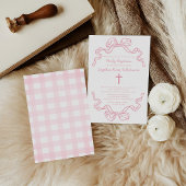 Moderne preppy rosa Gingham-Schleife Taufe Einladung