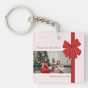 Moderne Preppy-Rotband-Schleifen-Weihnachtsfoto Schlüsselanhänger