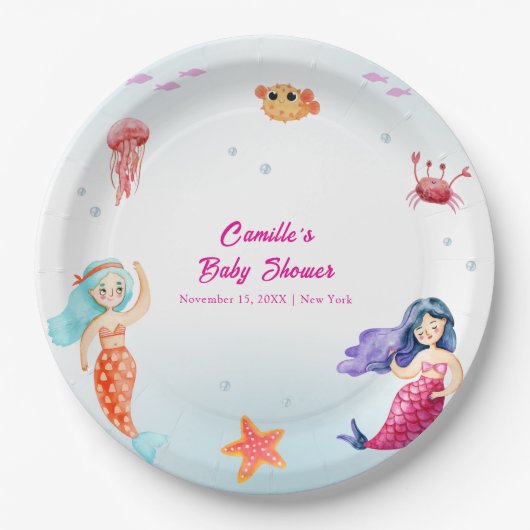 Moderne Princess Mermaid Ocean Coral Baby Dusche Pappteller (Vorderseite)