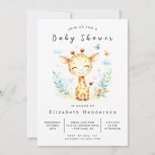 Moderne Printable Giraffe Babydusche Einladung (Vorderseite)