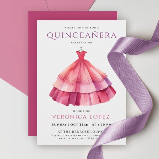 Moderne Prinzessin Lila Pink Quinceñera Wasserfarb Einladung