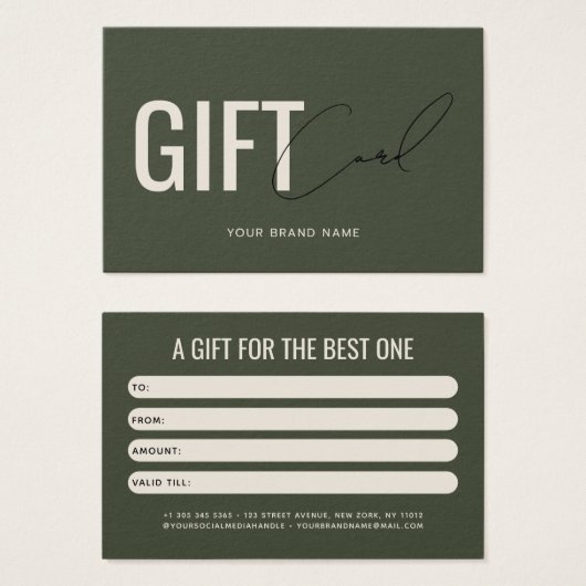 Moderne professionelle olivgrüne Geschenkkarte für (Vorne & Hinten)