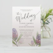 Moderne Protea Lila Blumenhochzeit Einladung (Stehend Vorderseite)