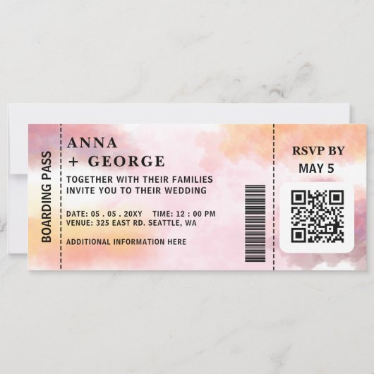 Moderne QR Code Air Ticket Boarding Pass Hochzeit Einladung (Rückseite)