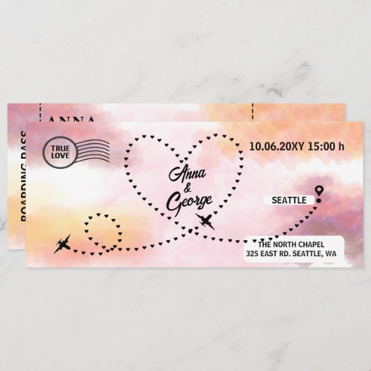 Moderne QR Code Air Ticket Boarding Pass Hochzeit Einladung (Vorne/Hinten)
