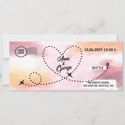 Moderne QR Code Air Ticket Boarding Pass Hochzeit Einladung (Vorderseite)