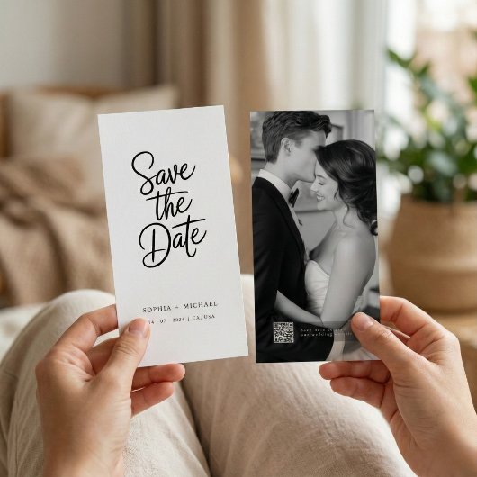 Moderne QR-Code-elegante Schriftfoto-Hochzeit Save The Date