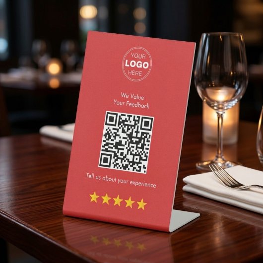 Moderne QR-Code-Feedback- und Bewertungen Rot und Sockelschild