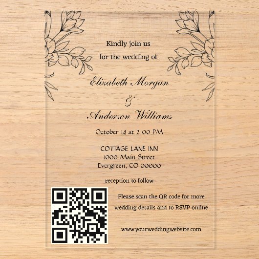Moderne QR-Code-Hochzeit Acryleinladungen (Vorderseite)